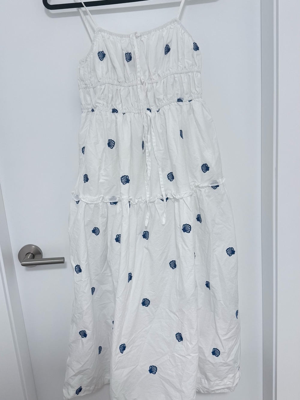 White Tiered Midi Dress with Blue Embroidery